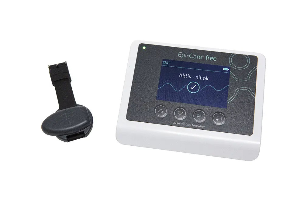 Epi-Care Free epilepsy detector with wearable sensor and display showing event reporting and system controls