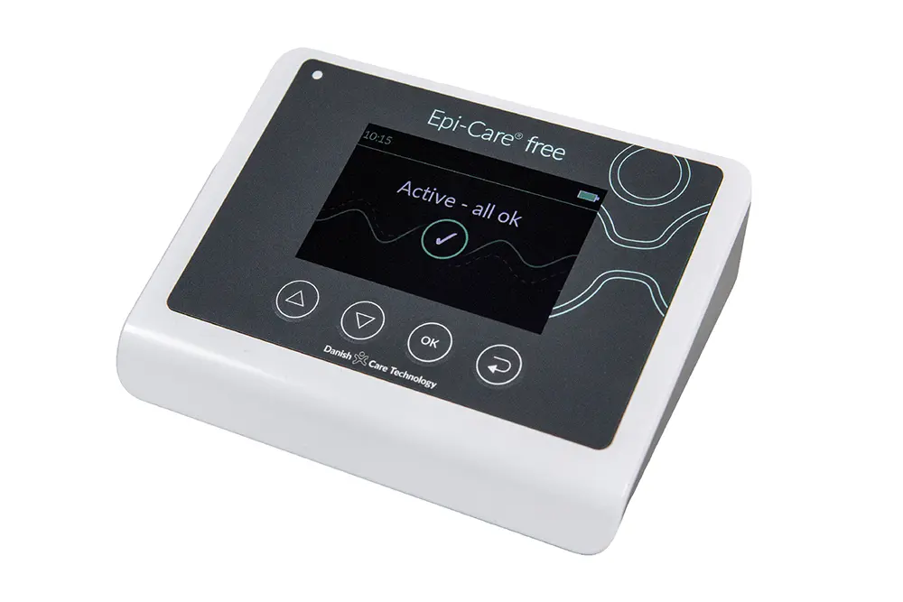 Epi-Care Free epilepsy detector base unit with large LCD display showing system status