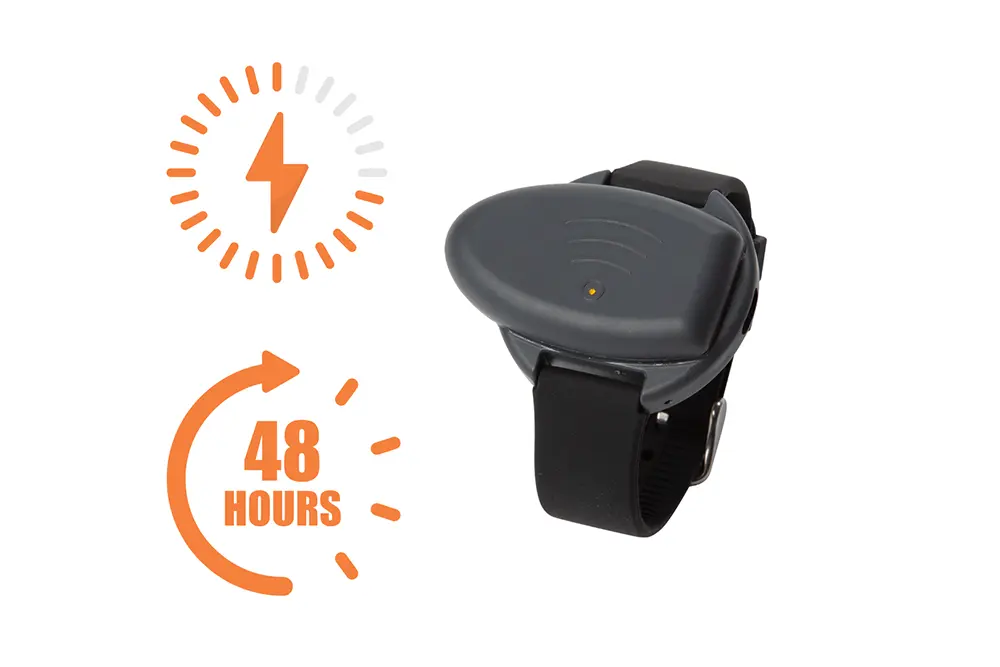 Epi-Care Free wrist-worn epilepsy sensor with icons highlighting long battery life and fast charging