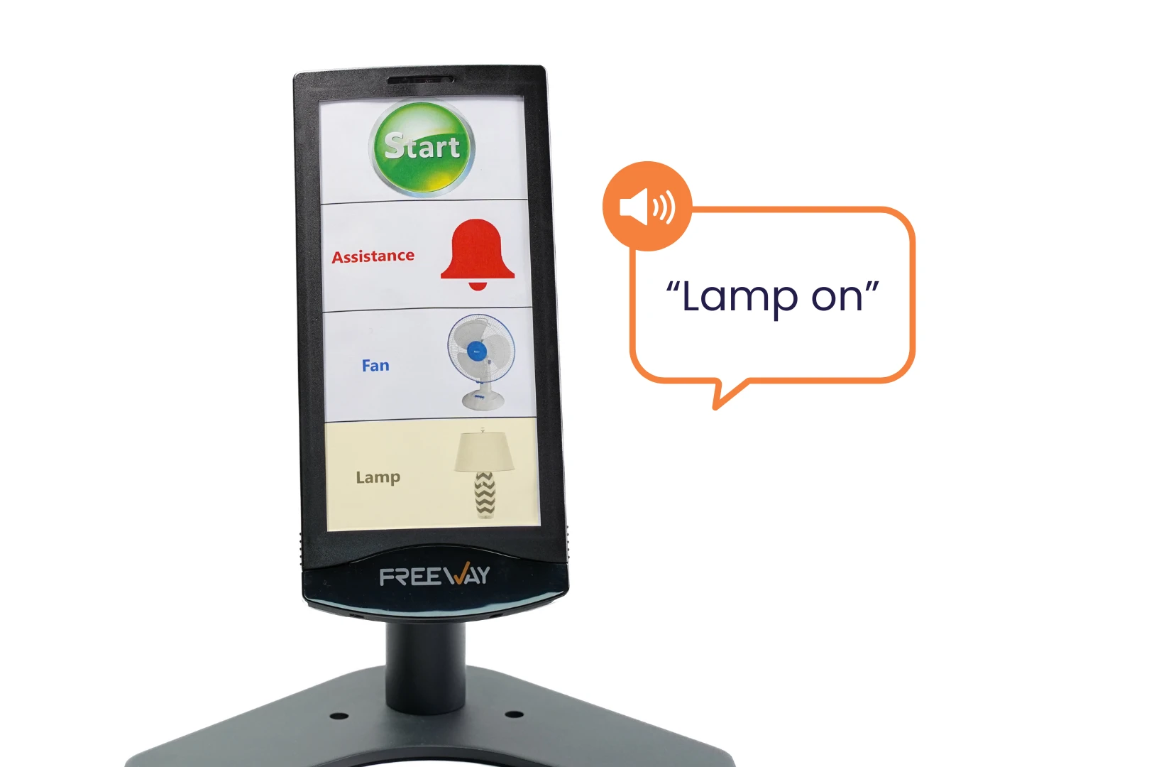 Freeway Voice Announcements and Audio Feedback Freeway assistive technology device displaying a scanning interface with voice announcement feature providing spoken feedback for selections