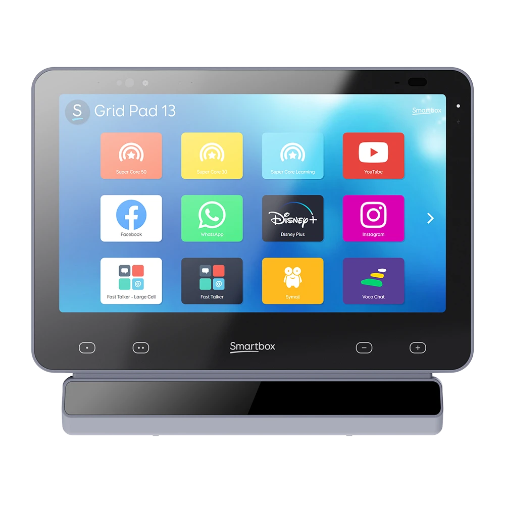 Grid Pad 13 Assistive Device – Angled View Grid Pad 13 AAC device angled view with communication grid on screen