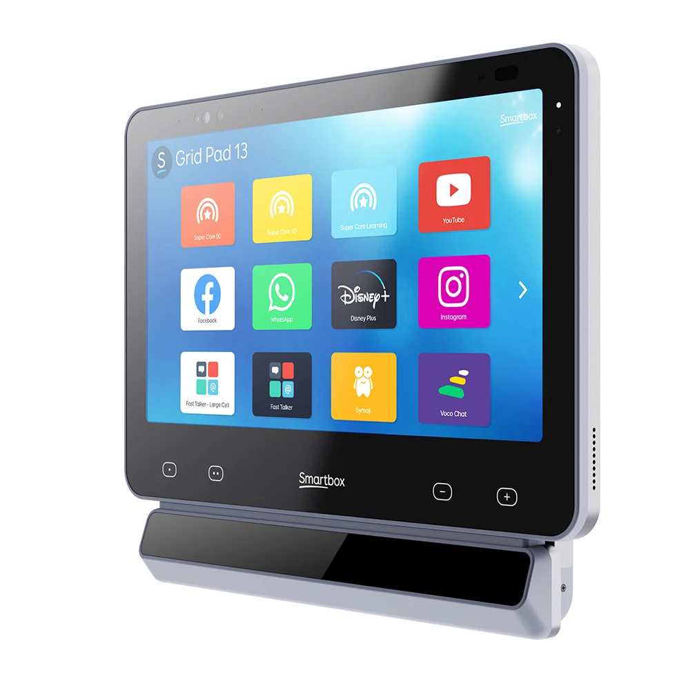 Grid Pad 13 AAC Device – Side Angle Grid Pad 13 device side angle with communication apps displayed