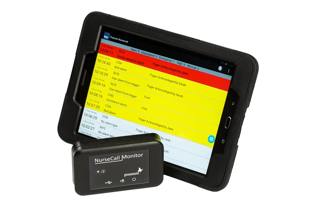 NurseCall Logger displaying a complete history of nurse call alarm events and acknowledgements on a tablet