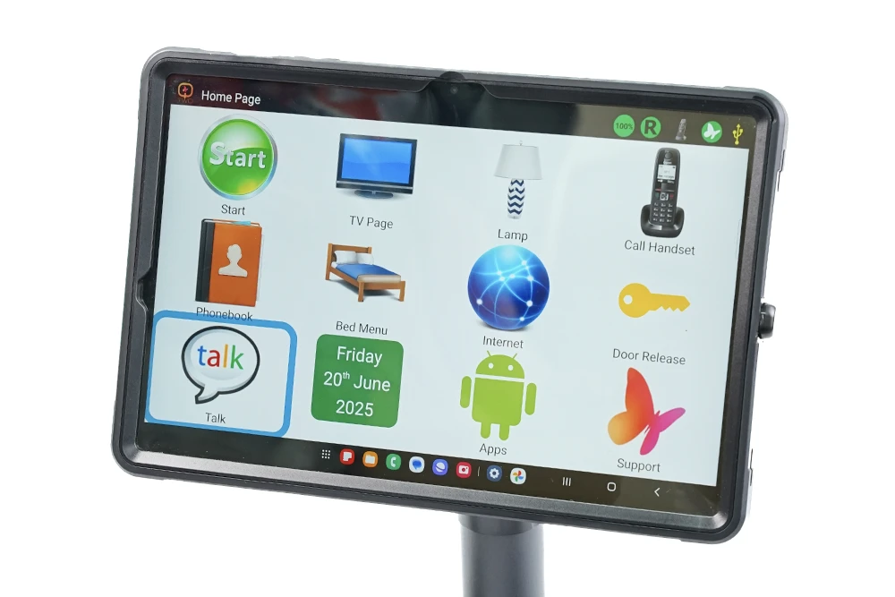 Easier Navigation and Control Qwayo 2 touchscreen displaying the home page with large icons for apps, TV, internet, and environmental controls
