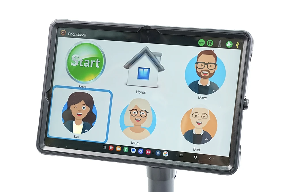Enhanced Communications Qwayo 2 touchscreen showing contact avatars and communication menu for private calling and secure interactions