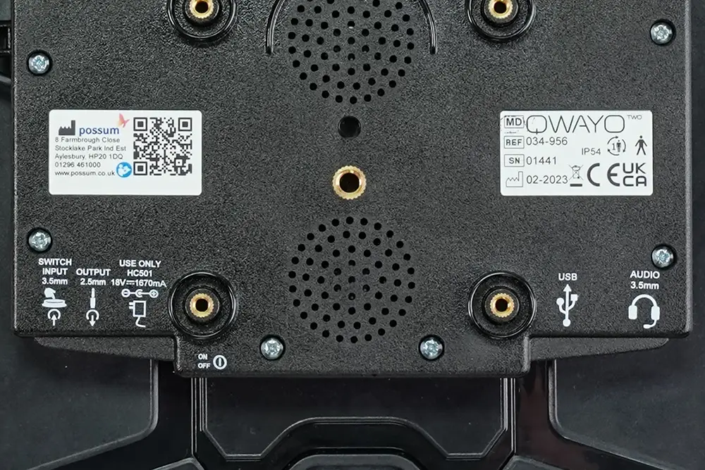 Possum Qwayo 2 Rear Ports and VESA Mounting Rear view of Possum Qwayo 2 showing labelled ports single charge point speaker grills and VESA-compatible mounting points