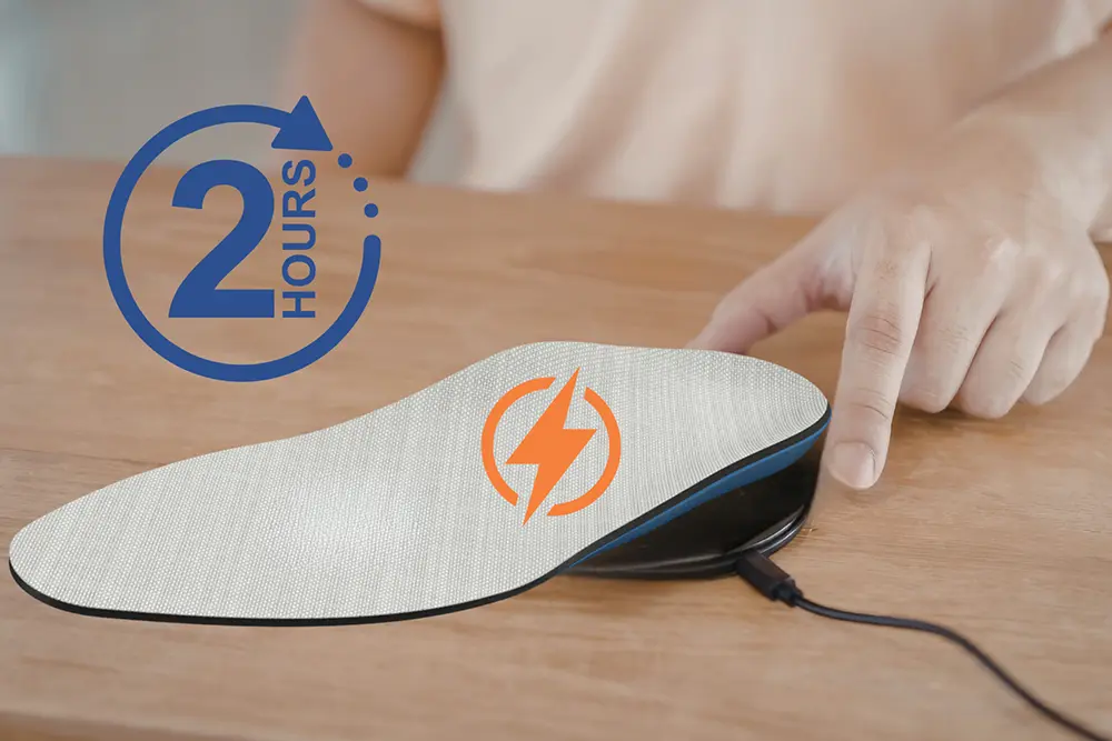 SafeSole GPS tracking insole charging wirelessly on its charging pad with a full recharge in approximately 2 hours.