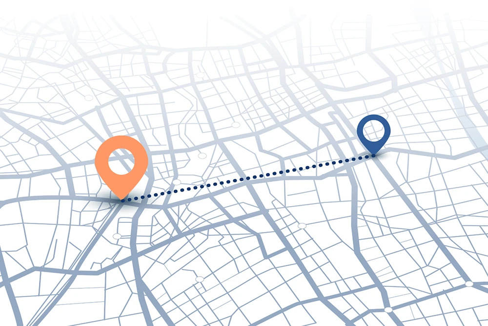 Map illustrating SafeSole GPS route tracking and location history, showing previous journeys and movement patterns between two locations.