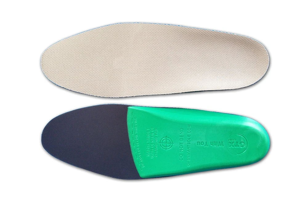 Front and back view of the SafeSole GPS tracking insole, discreetly designed to fit inside everyday footwear for location monitoring.