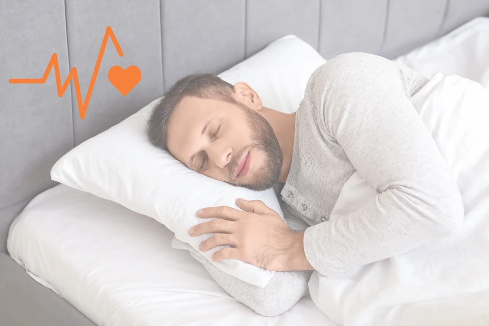 Smart Seizure Detection Person sleeping in bed with smart seizure monitoring and heart rate icon