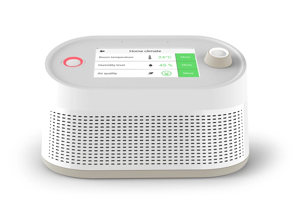 telecare hub displaying environmental monitoring data including temperature, humidity and air quality
