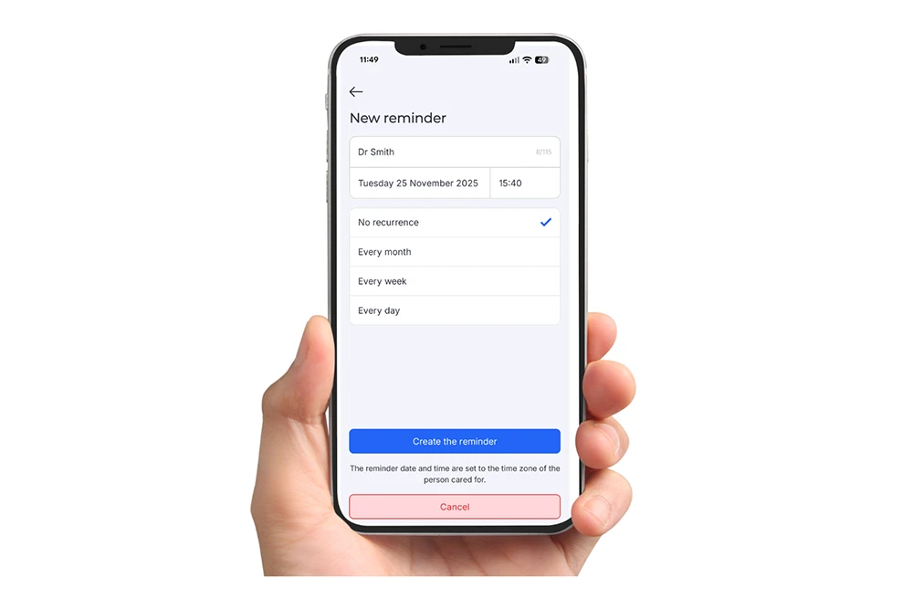 Vibby Home app reminder function for medication, appointments and daily routines