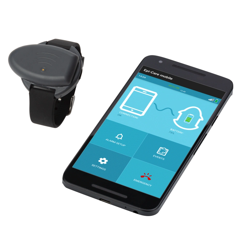 Epi-Care Mobile wrist-worn epilepsy detector shown with smartphone app interface