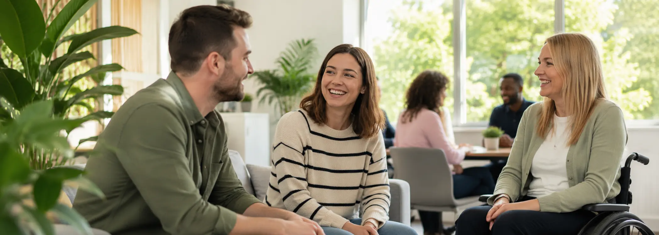 Inclusive workplace environment with colleagues socialising in a bright modern office space
