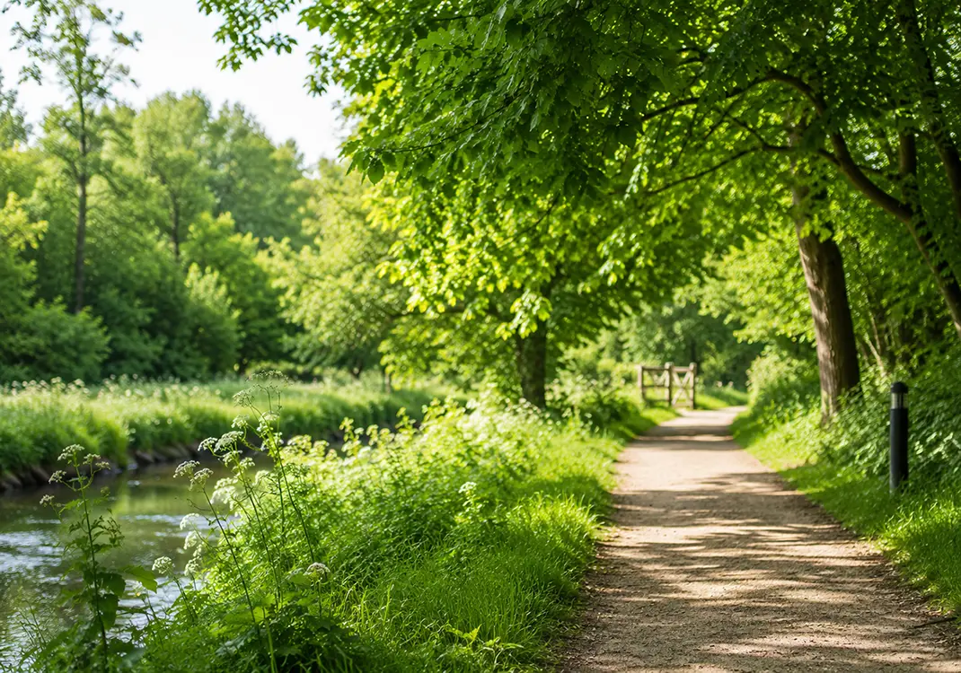 Sunlit countryside pathway surrounded by trees and greenery representing environmental responsibility
