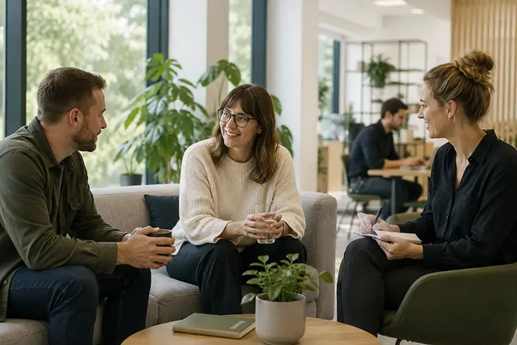 Employees collaborating in a bright modern workplace with natural light and indoor plants