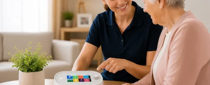 Carer demonstrating the Vibby Home telecare hub to an older person during a domiciliary care visit to support safer independent living.