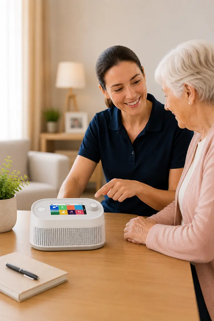Complete Telecare Support and Implementation Telecare specialist demonstrating a telecare device to an older adult during setup and user training.
